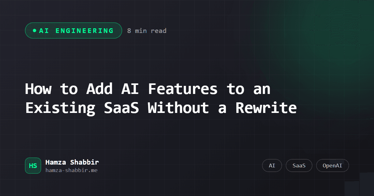 How to Add AI Features to an Existing SaaS Without a Rewrite - branded cover card by Hamza Shabbir