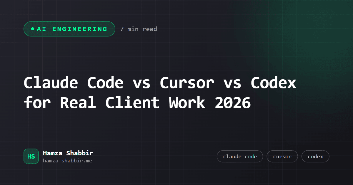 Claude Code vs Cursor vs Codex for Real Client Work 2026 - branded cover card by Hamza Shabbir