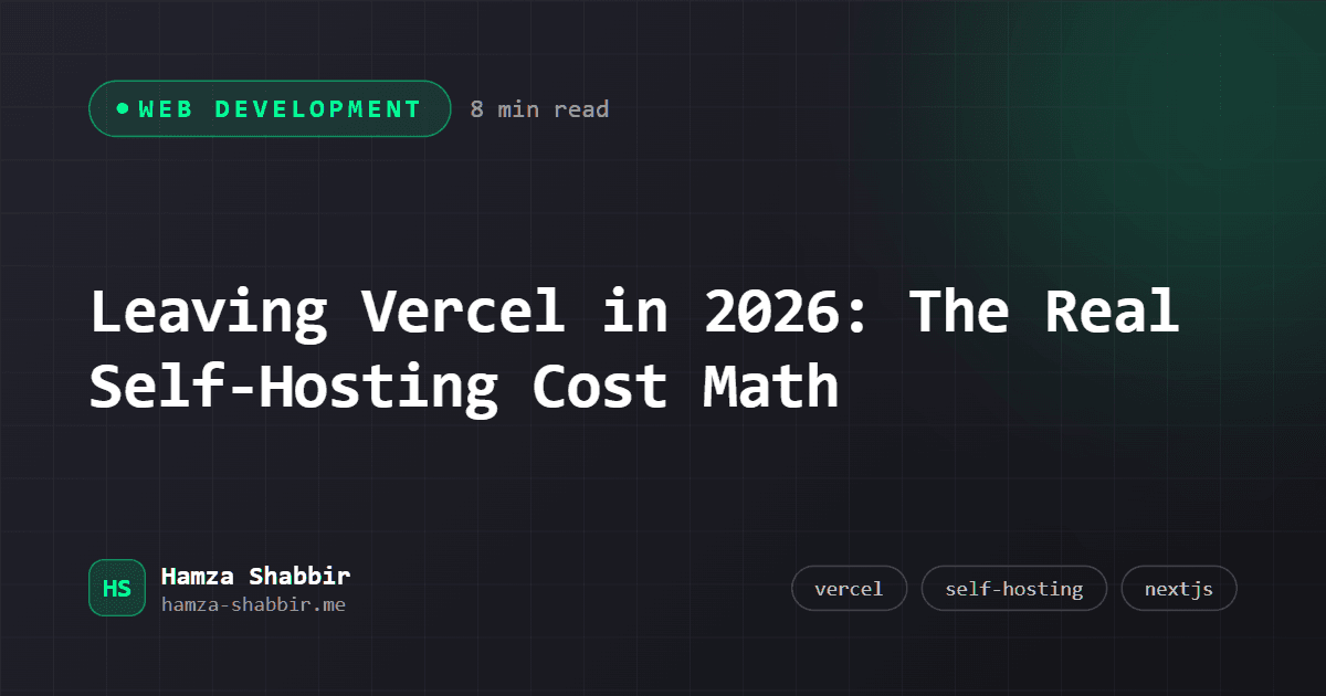 Leaving Vercel in 2026: The Real Self-Hosting Cost Math - branded cover card by Hamza Shabbir