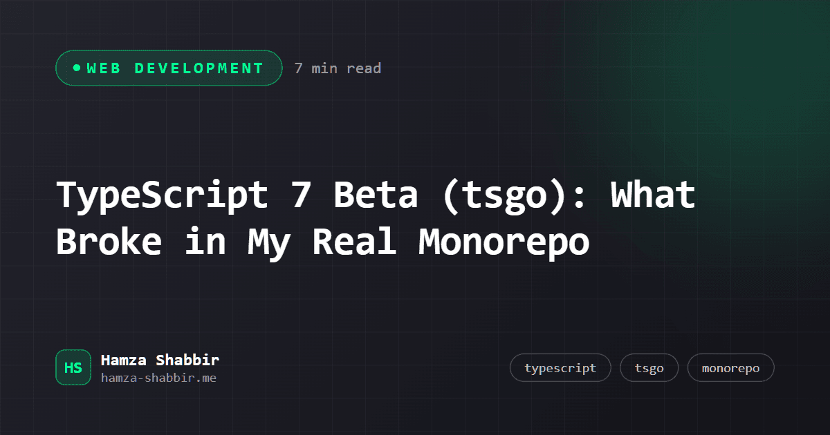 TypeScript 7 Beta (tsgo): What Broke in My Real Monorepo - branded cover card by Hamza Shabbir